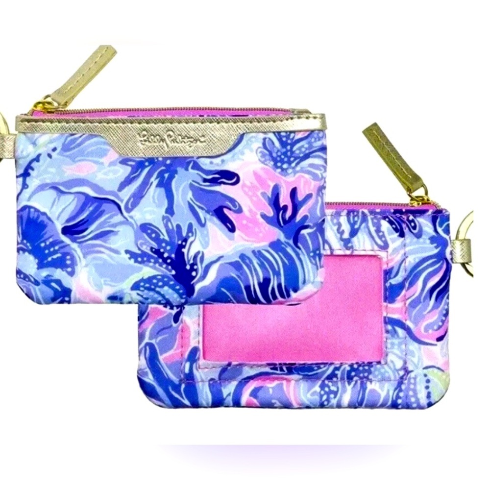 Lilly Pulitzer ocean print Blue and Pink Wristlet with Gold Accents summer beach